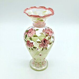 Tracy Porter Hand-Painted Green Pink Floral Glass Bud Vase